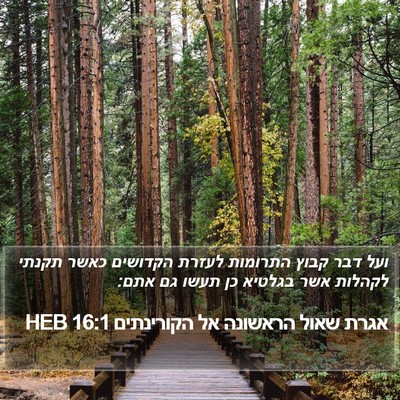 אגרת שאול הראשונה אל הקורינתים 16:1 HEB Bible Verse Image