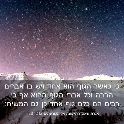 Picture 03 - אגרת שאול הראשונה אל הקורינתים 12:12 HEB - כי כאשר הגוף הוא אחד ויש בו - Bible Verse Picture