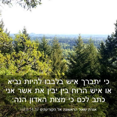 Picture 03 - אגרת שאול הראשונה אל הקורינתים 14:37 HEB - כי יתברך איש בלבבו להיות - Bible Verse Picture