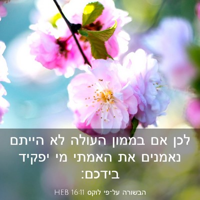 Picture 03 - הבשורה על־פי לוקס 16:11 HEB - לכן אם בממון העולה לא הייתם - Bible Verse Picture