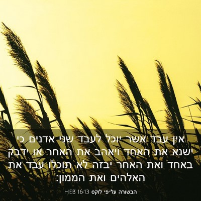 Picture 03 - הבשורה על־פי לוקס 16:13 HEB - אין עבד אשר יוכל לעבד שני - Bible Verse Picture