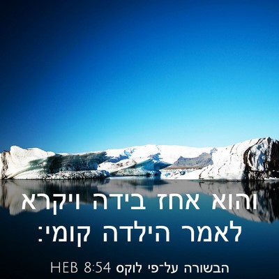 Picture 03 - הבשורה על־פי לוקס 8:54 HEB - והוא אחז בידה ויקרא לאמר - Bible Verse Picture
