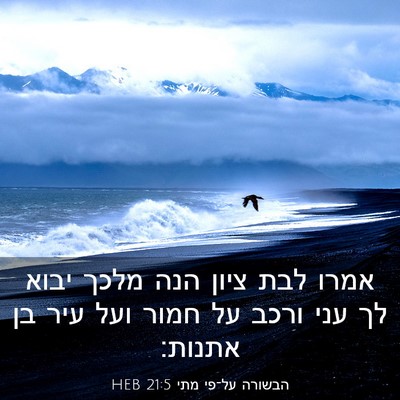 Picture 03 - הבשורה על־פי מתי 21:5 HEB - אמרו לבת ציון הנה מלכך יבוא - Bible Verse Picture