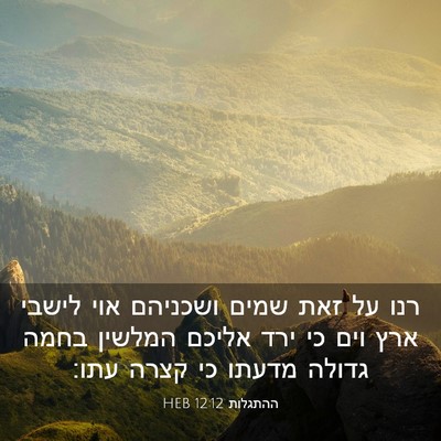 Picture 03 - ההתגלות 12:12 HEB - רנו על זאת שמים ושכניהם אוי - Bible Verse Picture