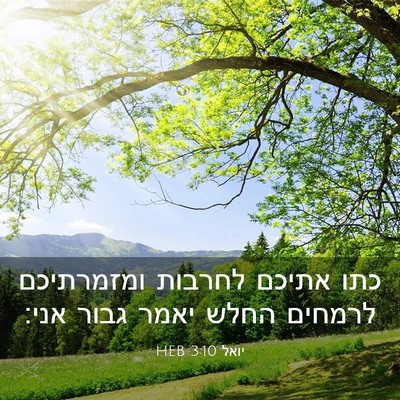 Picture 03 - יואל 3:10 HEB - כתו אתיכם לחרבות ומזמרתיכם - Bible Verse Picture