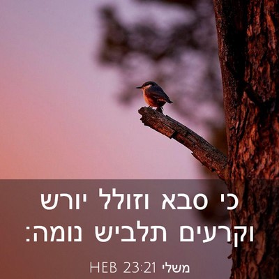 Picture 03 - משלי 23:21 HEB - כי סבא וזולל יורש וקרעים - Bible Verse Picture