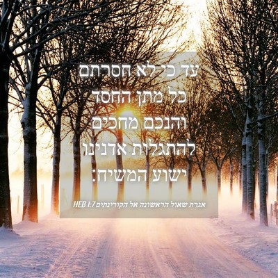 Picture 04 - אגרת שאול הראשונה אל הקורינתים 1:7 HEB - עד כי לא חסרתם כל מתן החסד - Bible Verse Picture