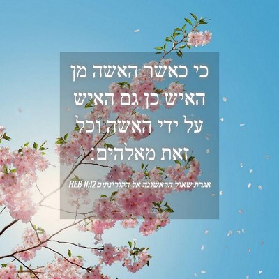 Picture 04 - אגרת שאול הראשונה אל הקורינתים 11:12 HEB - כי כאשר האשה מן האיש כן גם - Bible Verse Picture