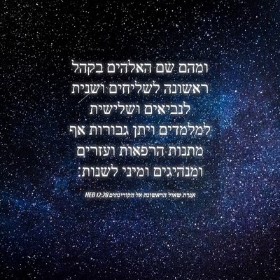 Picture 04 - אגרת שאול הראשונה אל הקורינתים 12:28 HEB - ומהם שם האלהים בקהל ראשונה - Bible Verse Picture