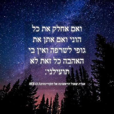Picture 04 - אגרת שאול הראשונה אל הקורינתים 13:3 HEB - ואם אחלק את כל הוני ואם אתן - Bible Verse Picture
