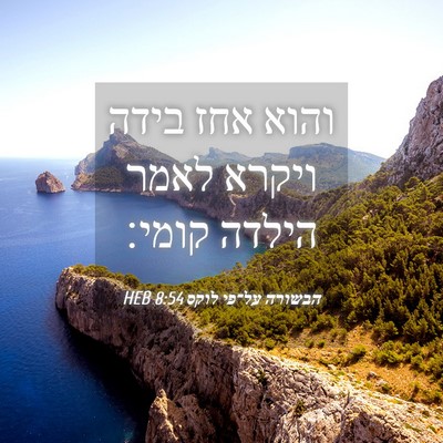 Picture 04 - הבשורה על־פי לוקס 8:54 HEB - והוא אחז בידה ויקרא לאמר - Bible Verse Picture