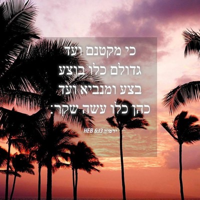 Picture 04 - ירמיה 6:13 HEB - כי מקטנם ועד גדולם כלו בוצע - Bible Verse Picture