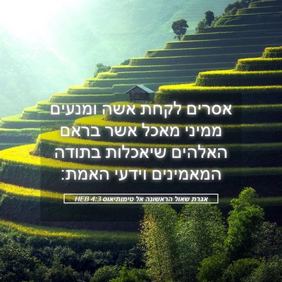 Picture 05 - אגרת שאול הראשונה אל טימותיאוס 4:3 HEB - אסרים לקחת אשה ומנעים - Bible Verse Picture