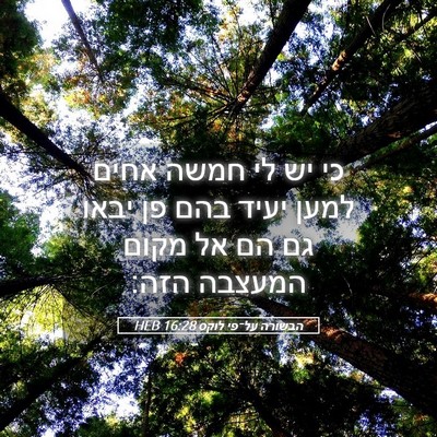 Picture 05 - הבשורה על־פי לוקס 16:28 HEB - כי יש לי חמשה אחים למען - Bible Verse Picture