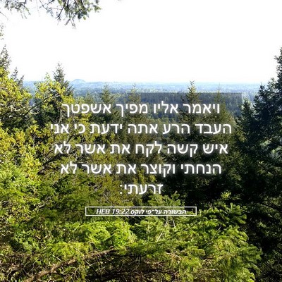 Picture 05 - הבשורה על־פי לוקס 19:22 HEB - ויאמר אליו מפיך אשפטך העבד - Bible Verse Picture