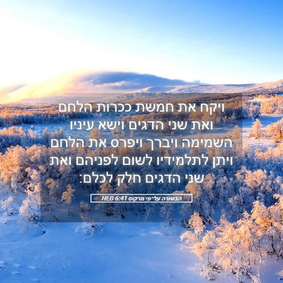 Picture 05 - הבשורה על־פי מרקוס 6:41 HEB - ויקח את חמשת ככרות הלחם ואת - Bible Verse Picture