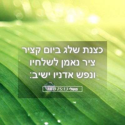 Picture 05 - משלי 25:13 HEB - כצנת שלג ביום קציר ציר נאמן - Bible Verse Picture