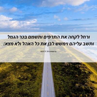 Picture 06 - בראשית 31:34 HEB - ורחל לקחה את התרפים ותשמם - Bible Verse Picture