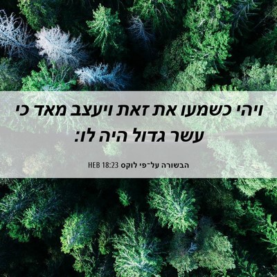 Picture 06 - הבשורה על־פי לוקס 18:23 HEB - ויהי כשמעו את זאת ויעצב מאד - Bible Verse Picture
