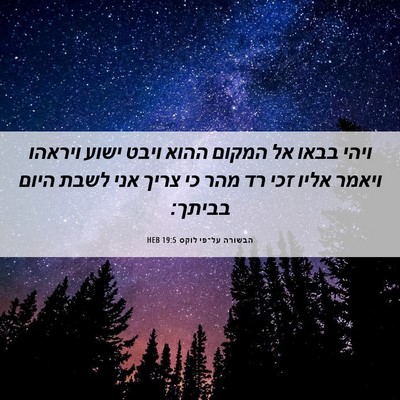 Picture 06 - הבשורה על־פי לוקס 19:5 HEB - ויהי בבאו אל המקום ההוא - Bible Verse Picture
