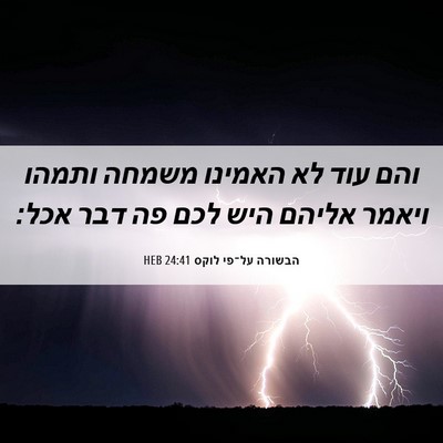 Picture 06 - הבשורה על־פי לוקס 24:41 HEB - והם עוד לא האמינו משמחה - Bible Verse Picture