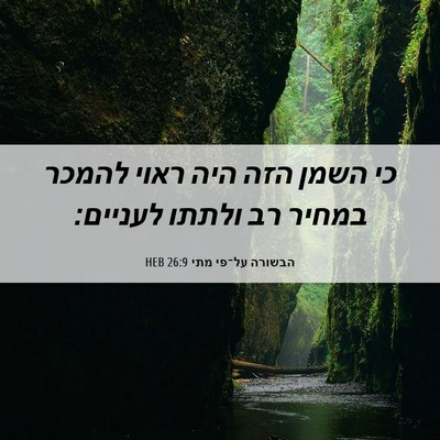 Picture 06 - הבשורה על־פי מתי 26:9 HEB - כי השמן הזה היה ראוי להמכר - Bible Verse Picture