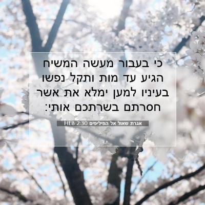 Picture 07 - אגרת שאול אל הפיליפים 2:30 HEB - כי בעבור מעשה המשיח הגיע עד - Bible Verse Picture