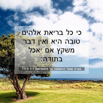 Picture 07 - אגרת שאול הראשונה אל טימותיאוס 4:4 HEB - כי כל בריאת אלהים טובה היא - Bible Verse Picture