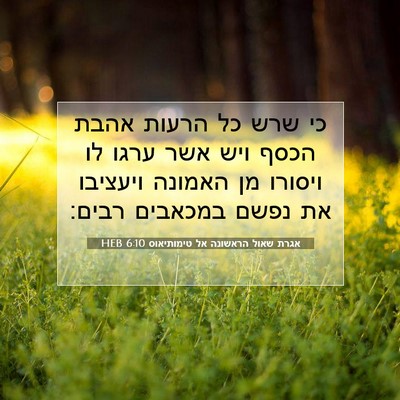 Picture 07 - אגרת שאול הראשונה אל טימותיאוס 6:10 HEB - כי שרש כל הרעות אהבת הכסף - Bible Verse Picture