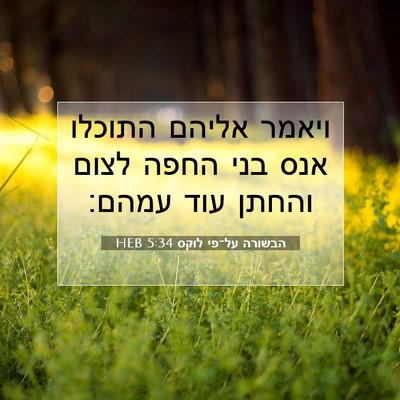 Picture 07 - הבשורה על־פי לוקס 5:34 HEB - ויאמר אליהם התוכלו אנס בני - Bible Verse Picture
