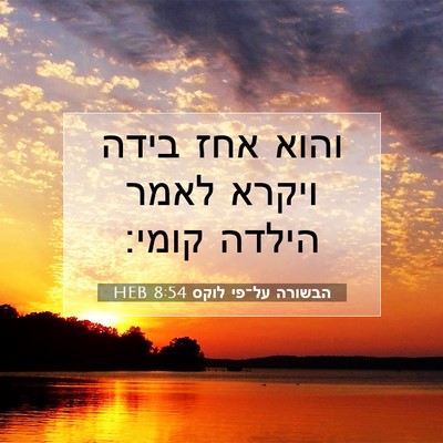 Picture 07 - הבשורה על־פי לוקס 8:54 HEB - והוא אחז בידה ויקרא לאמר - Bible Verse Picture