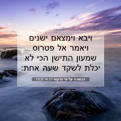 Picture 07 - הבשורה על־פי מרקוס 14:37 HEB - ויבא וימצאם ישנים ויאמר אל - Bible Verse Picture