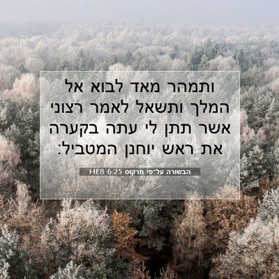 Picture 07 - הבשורה על־פי מרקוס 6:25 HEB - ותמהר מאד לבוא אל המלך - Bible Verse Picture
