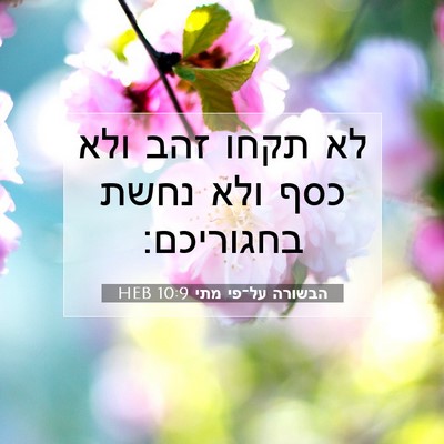 Picture 07 - הבשורה על־פי מתי 10:9 HEB - לא תקחו זהב ולא כסף ולא - Bible Verse Picture