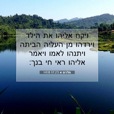 Picture 07 - מלכים א 17:23 HEB - ויקח אליהו את הילד וירדהו - Bible Verse Picture
