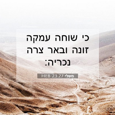 Picture 07 - משלי 23:27 HEB - כי שוחה עמקה זונה ובאר צרה - Bible Verse Picture
