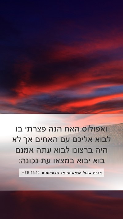 אגרת שאול הראשונה אל הקורינתים 16:12 HEB Bible Verse Image