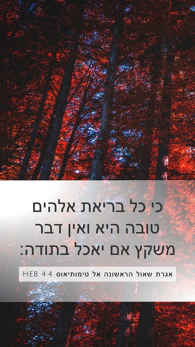 אגרת שאול הראשונה אל טימותיאוס 4:4 HEB Bible Verse Image
